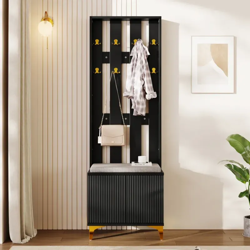 Hallway Wardrobe Set with Shoe Bench and Wave-Textured Storage Cabinet - Black