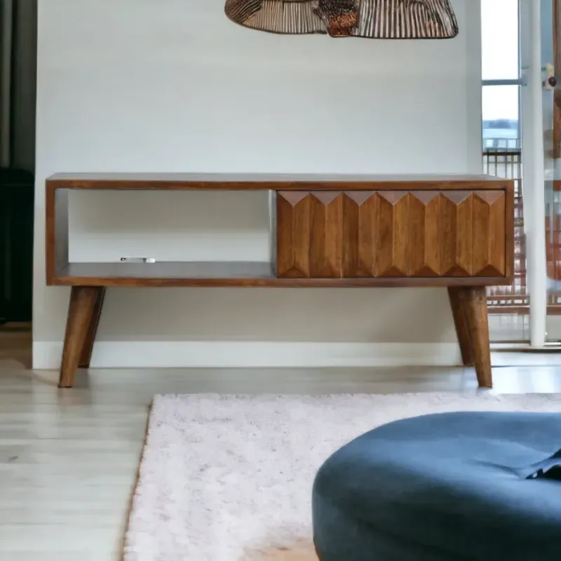 Solid Mango Wood Prism Sliding Media Unit in Chestnut Finish