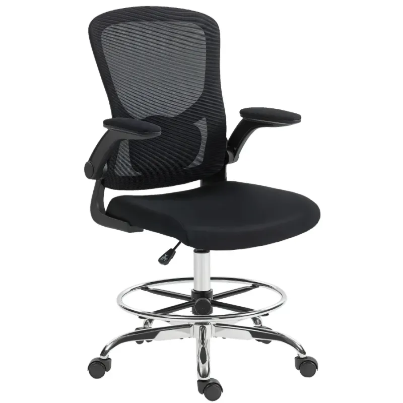  Mesh Draughtsman Chair with Adjustable Lumbar Support and Flip-Up Arms - Black