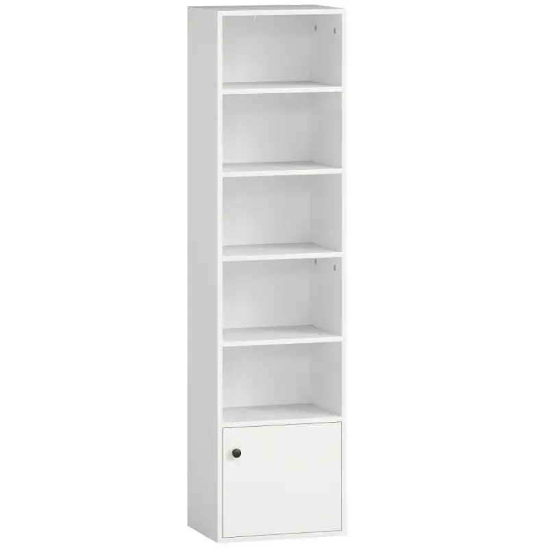  6-Tier Tall Bookcase with Cupboard - 156cm Slim Shelving Unit, White
