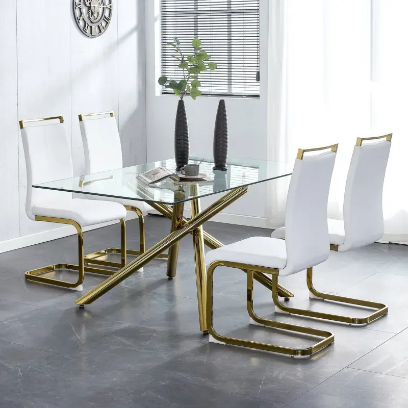 Set of 4 White Faux Leather Dining Chairs with Gold Cantilever Frames
