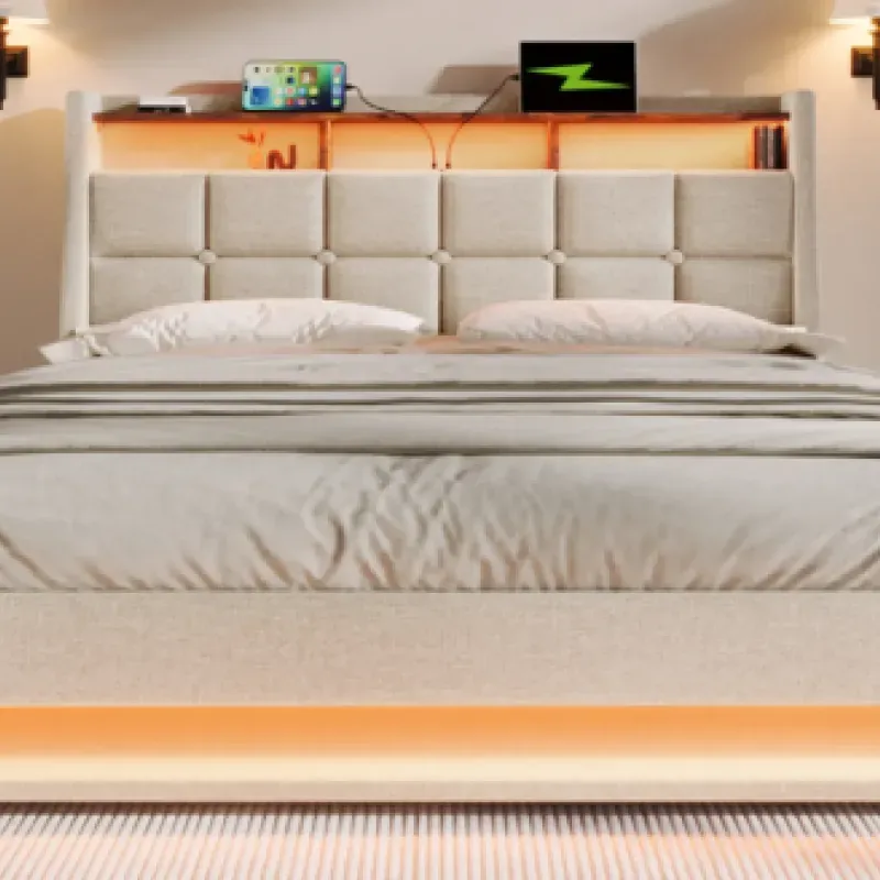 King Size Linen Upholstered Ottoman Bed with LED Lighting and USB-C Charging - Beige