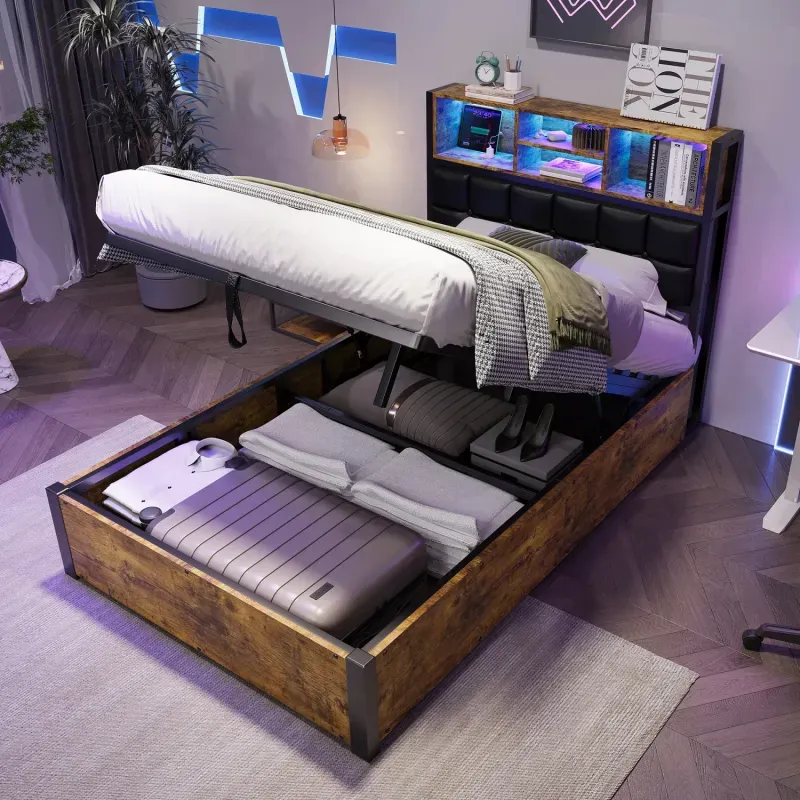 Metal and Wood Hydraulic Storage Bed, Single, in Black and Wood, with Charging Ports and LED Headboard