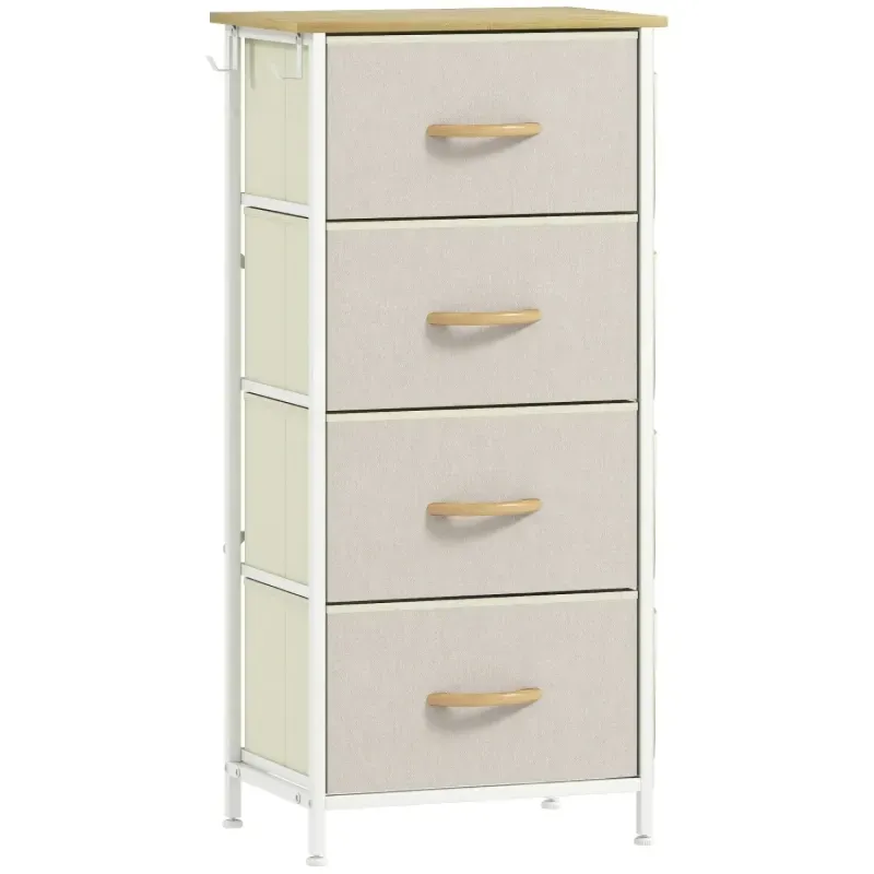 4-Drawer Fabric Storage Chest with Side Pockets and Hooks - Beige