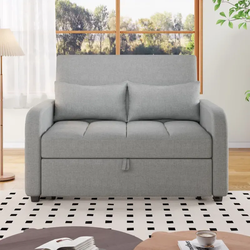 Linen Fabric 2-Seater Sofa Bed in Dark Grey with Pull-Out Bed and Adjustable Backrest