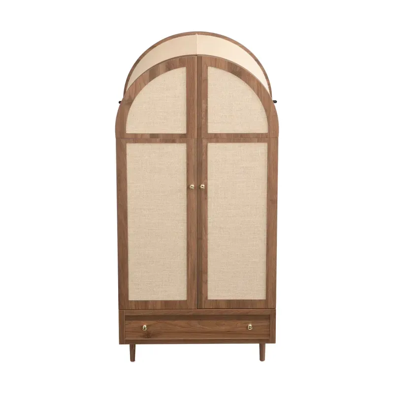 Walnut Effect Arched Wardrobe with Fabric Doors and Drawer