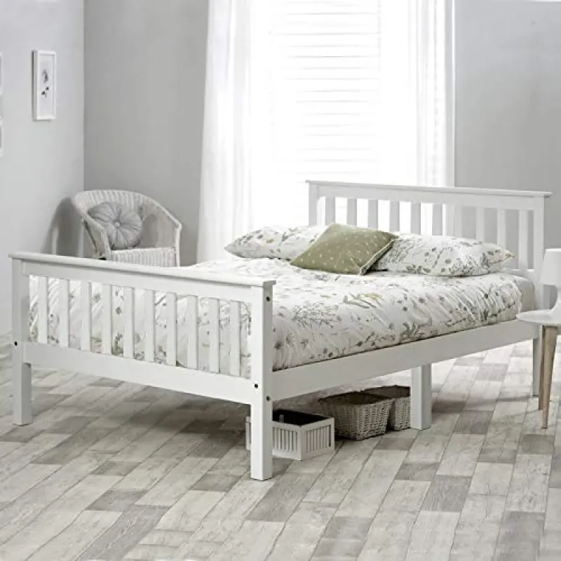 Solid Pine Bed Frame, Double, in White, with Slatted Base