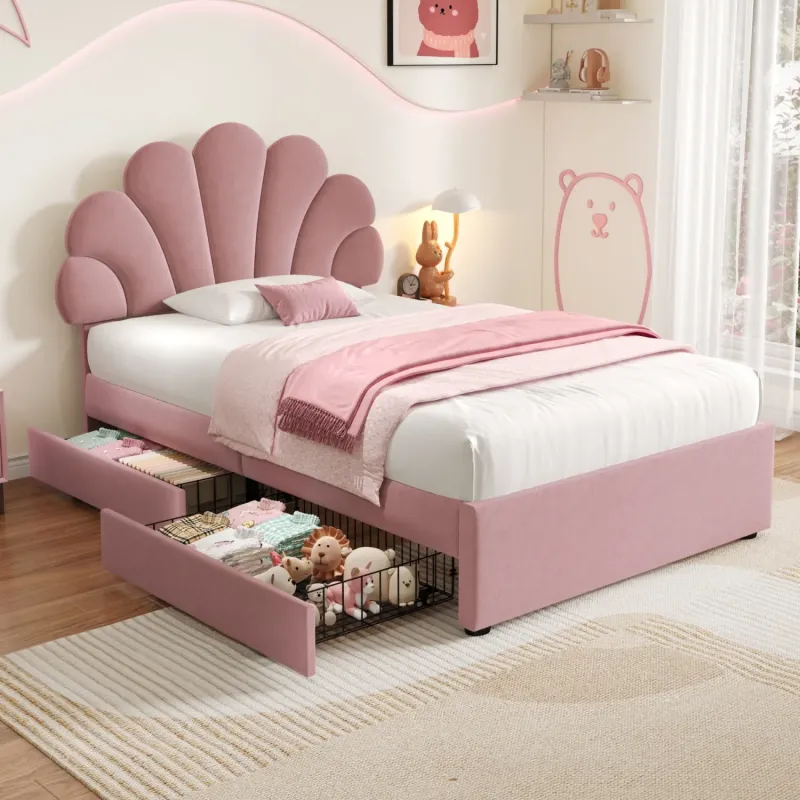 Single Velvet Upholstered Bed Frame with Adjustable Petal Headboard and 2 Storage Drawers - Pink