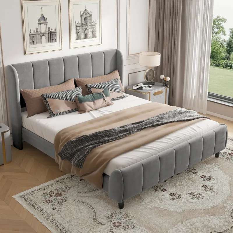 Velvet Upholstered Bed, Double, in Grey, with Vertical Stripe Headboard