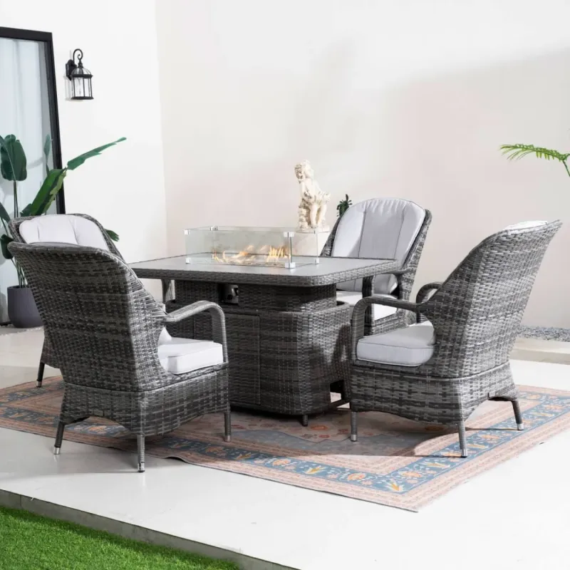 Rattan Fire Pit Dining Set with 4 Armchairs, Rising Table & Aluminium Frame - Grey