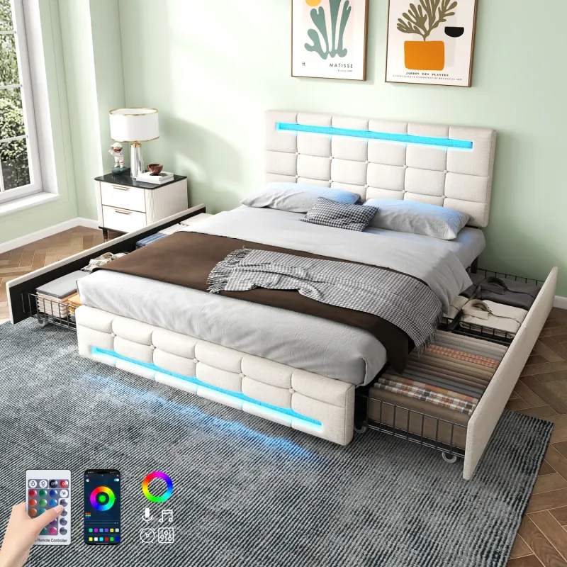 Upholstered Bed, Double, Linen Fabric in Beige, with LED Lighting and 4 Storage Drawers