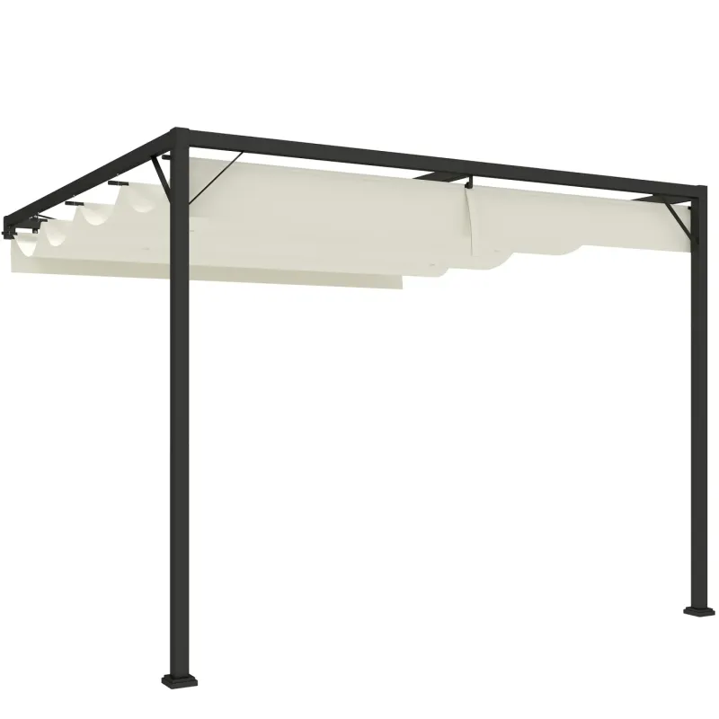 Outsunny 3m x 3m Wall-Mounted Metal Pergola with Retractable Canopy - Cream White