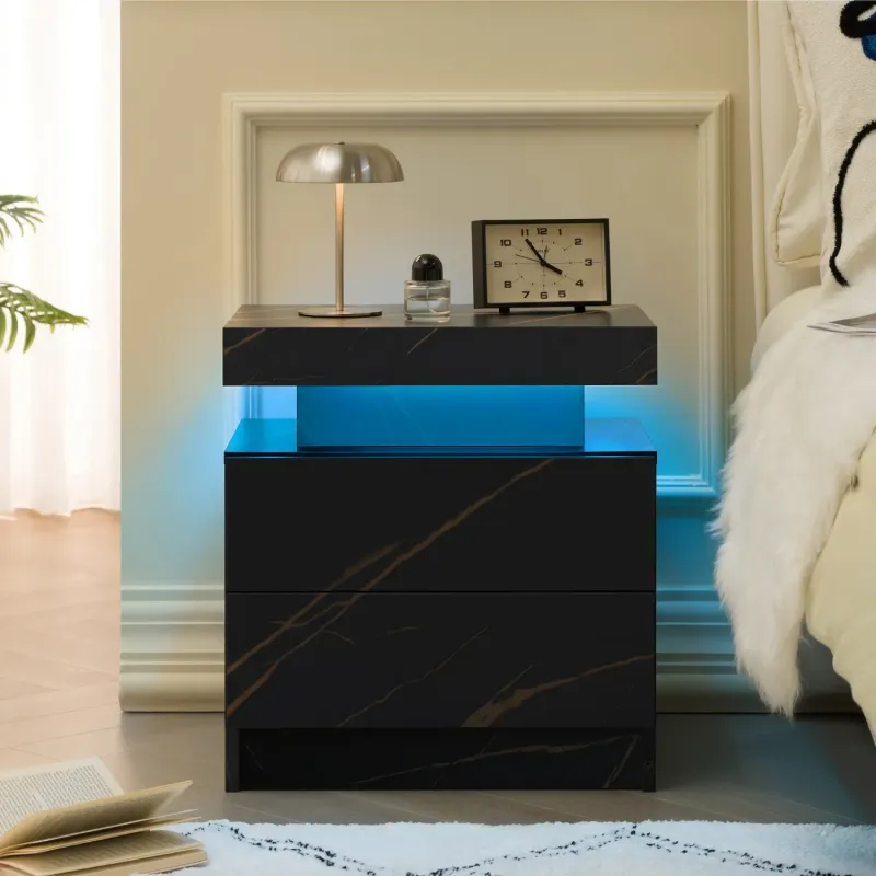 Black and Gold LED Bedside Table with 2 Drawers and Open Shelf