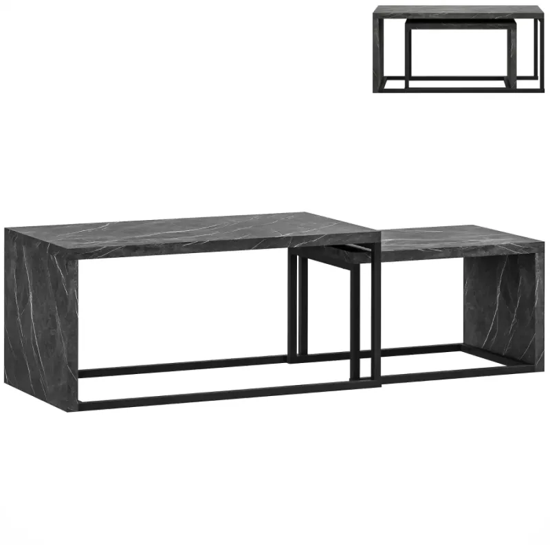 Set of 2 Industrial Nesting Coffee Tables - Dark Grey Marble Effect