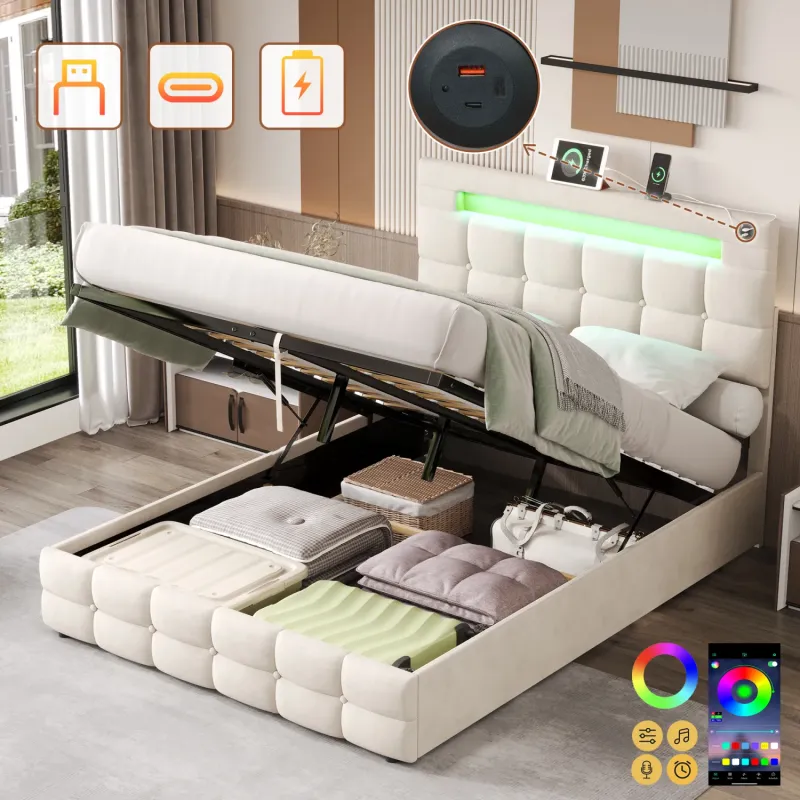 Beige Velvet Double Ottoman Bed with LED Headboard and Charging Station