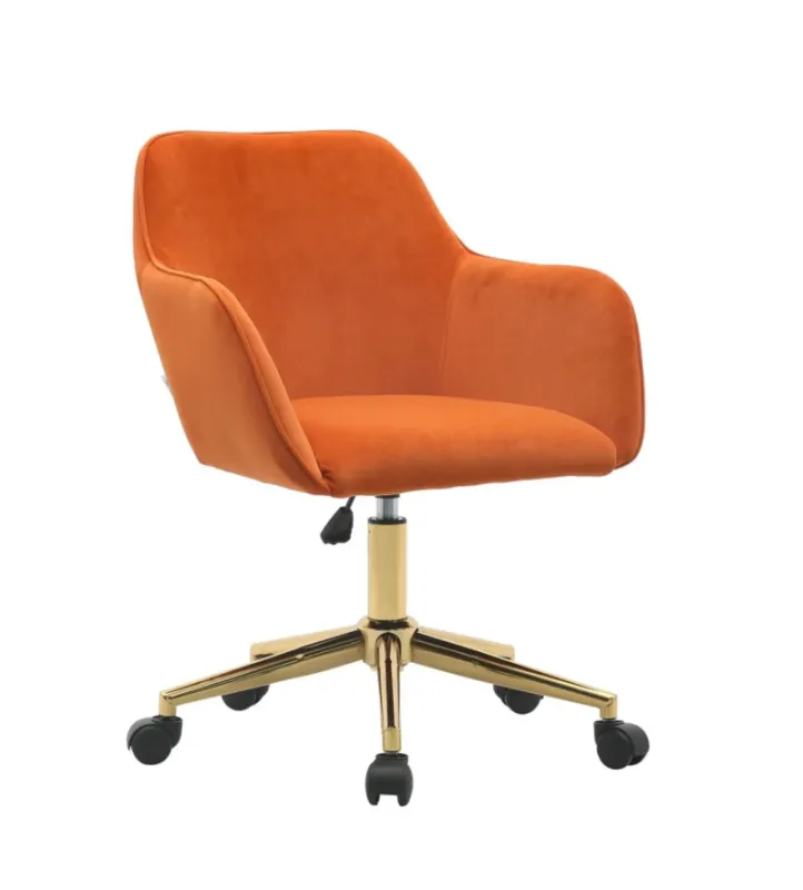 Orange Velvet Swivel Office Chair with Gold Base