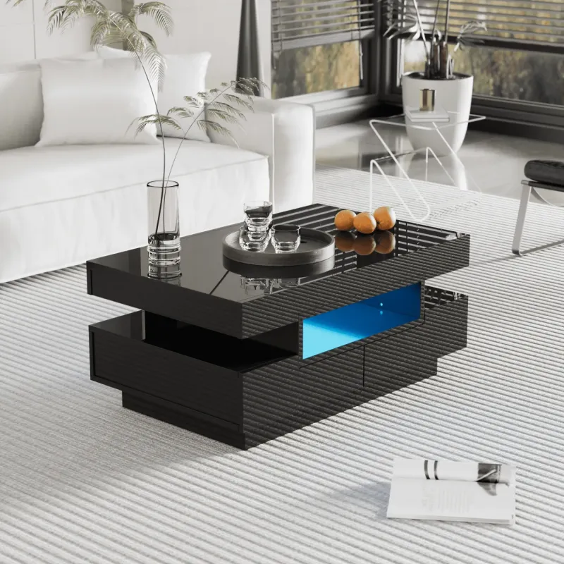Black High Gloss Coffee Table with LED Lighting and 4 Storage Drawers