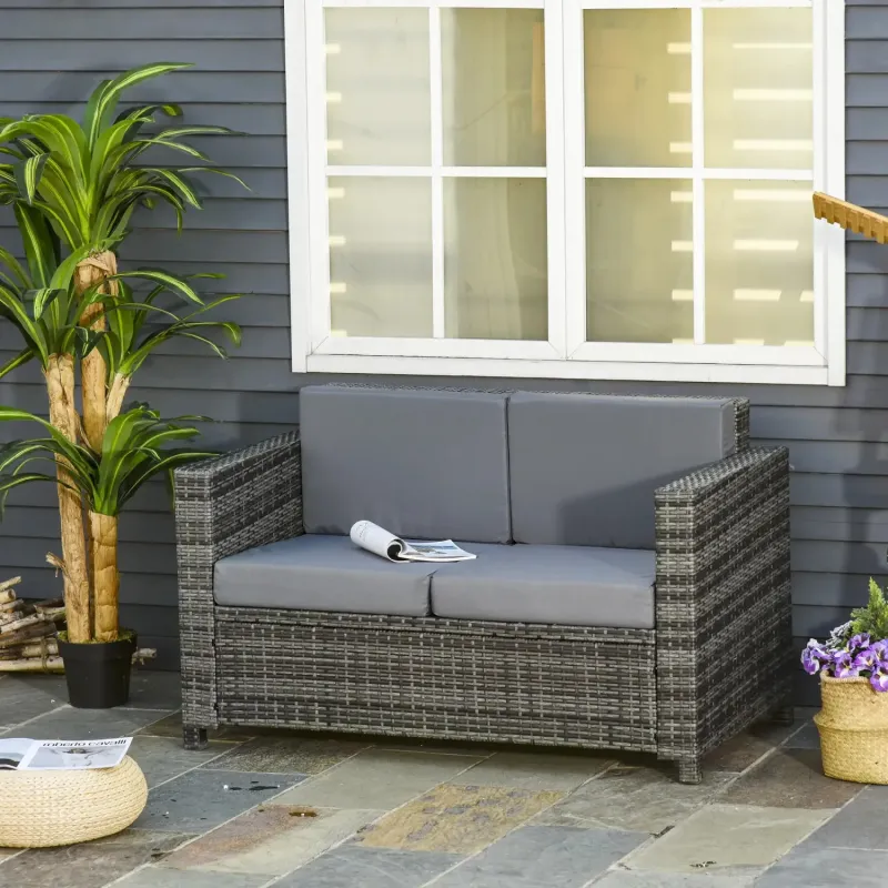  2-Seater Rattan Garden Sofa with Padded Cushions - Mixed Grey