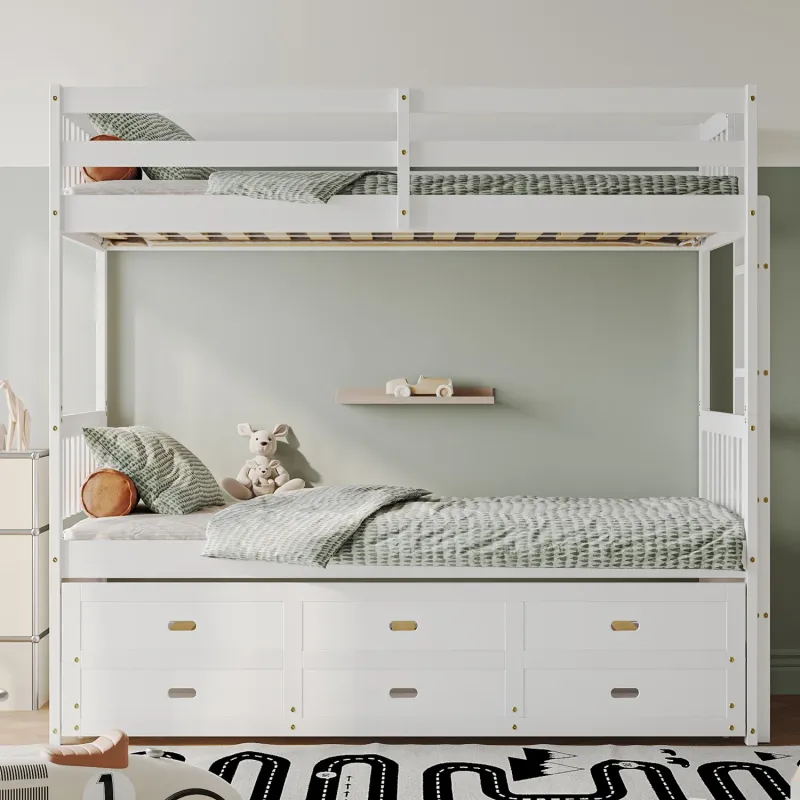 White Wooden Triple Bunk Bed with Pull-Out Trundle and 3 Storage Drawers