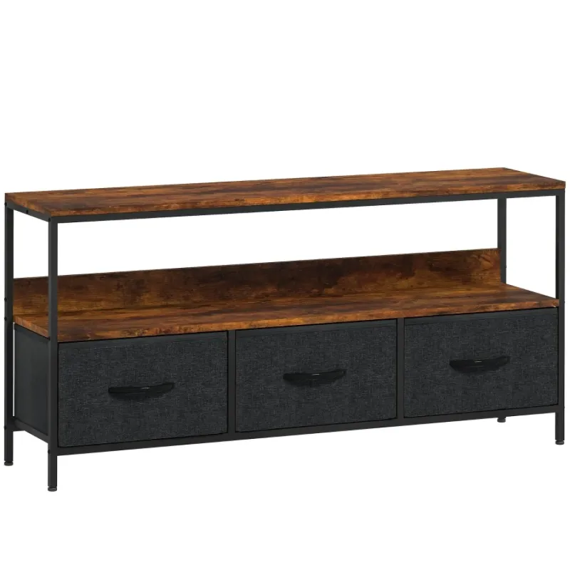 Industrial TV Stand with 3 Foldable Storage Drawers for TVs up to 55 Inches - Rustic Brown