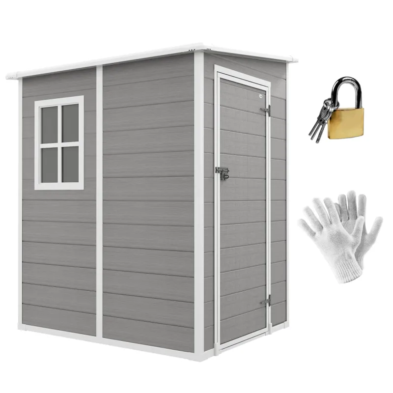  4ft x 5ft Lean-To Plastic Garden Storage Shed with Floor and Lock - Grey