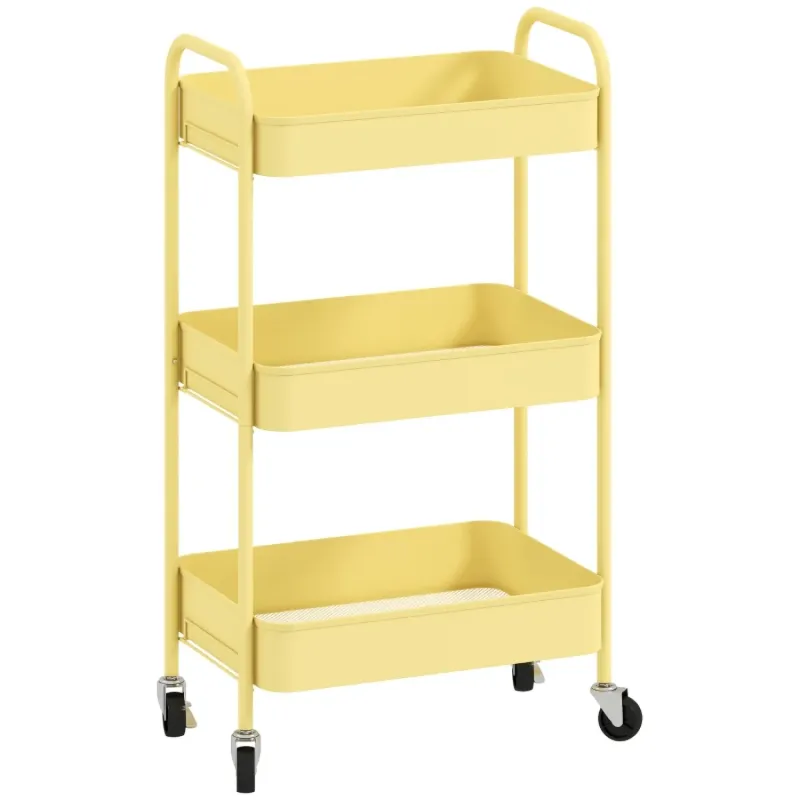 Three-Tier Steel Storage Trolley with Lockable Wheels - Yellow