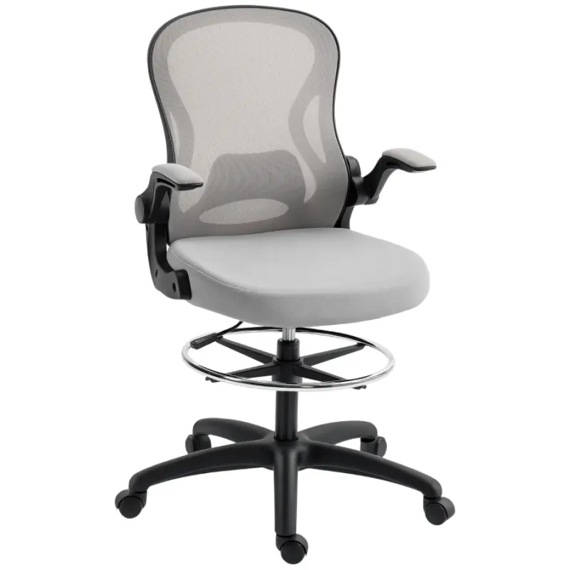 Ergonomic Grey Mesh Draughtsman Chair with Flip-Up Armrests