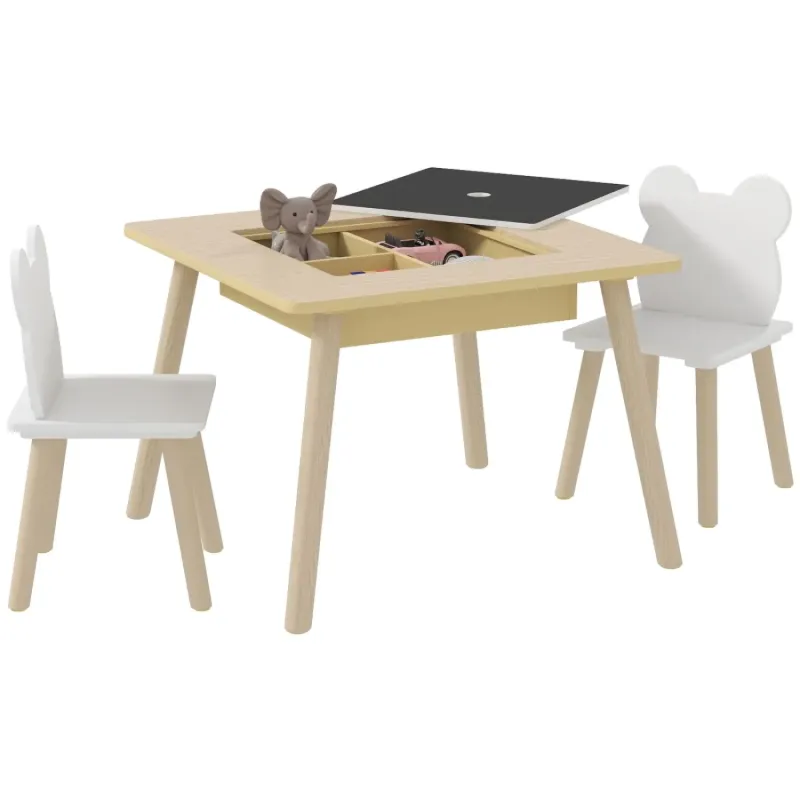 3-Piece Kids Activity Table and Bear Chair Set with Reversible Blackboard and Whiteboard