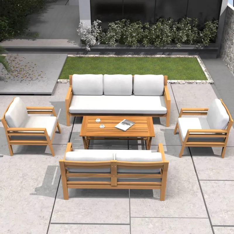 7-Seater Acacia Wood Garden Sofa Set with Coffee Table - Teak Finish