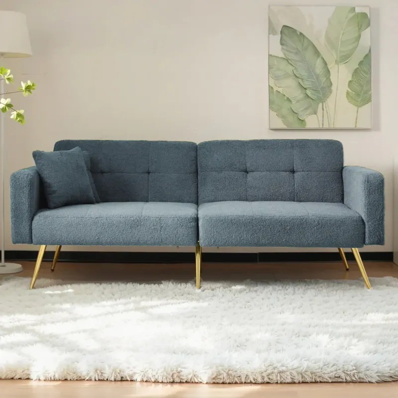 Blue Sherpa Fabric 2-Seater Sofa Bed with Gold Legs and Side Pockets