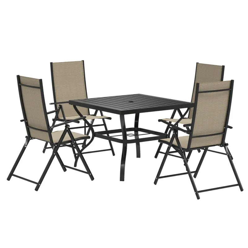  5-Piece Folding Garden Dining Set with Parasol Hole - Khaki & Black
