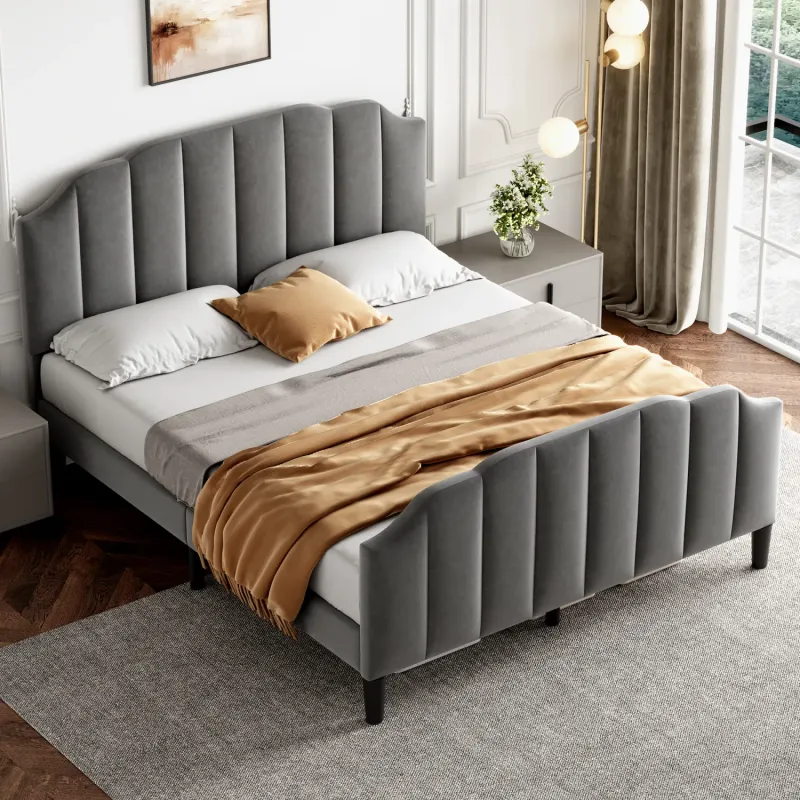 Velvet Upholstered Double Bed Frame with Adjustable Channel-Tufted Headboard - Grey