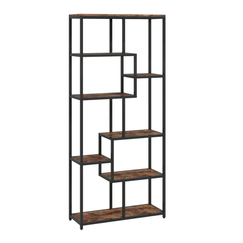  7-Tier Geometric Bookcase, Industrial Display Shelving Unit with Metal Frame - Brown/Black