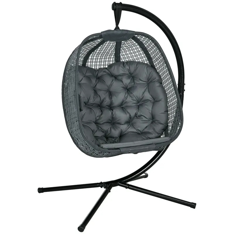 Hanging Egg Chair with Foldable Basket, Thick Padded Cushion and Cup Holder - Dark Grey