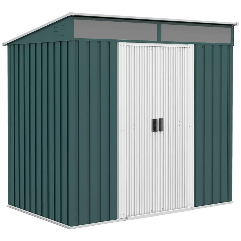  6.5 x 4ft Galvanised Metal Garden Shed with Lockable Double Sliding Doors, Windows & Foundation Kit - Green