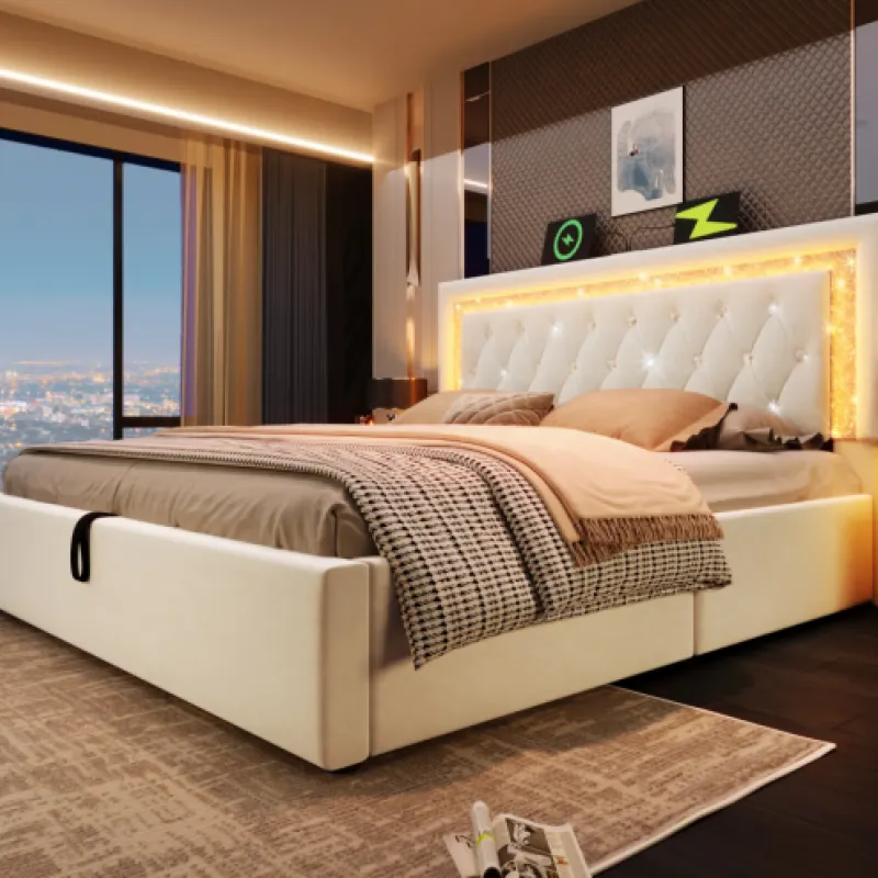 Beige Velvet 4ft6 Double Ottoman Bed with LED Headboard and USB-C Charging