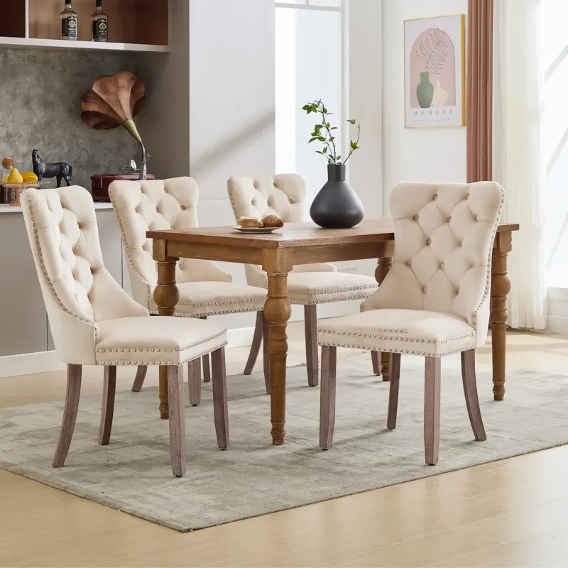 Set of 4 Beige Velvet Dining Chairs with Wingback and Knocker Ring