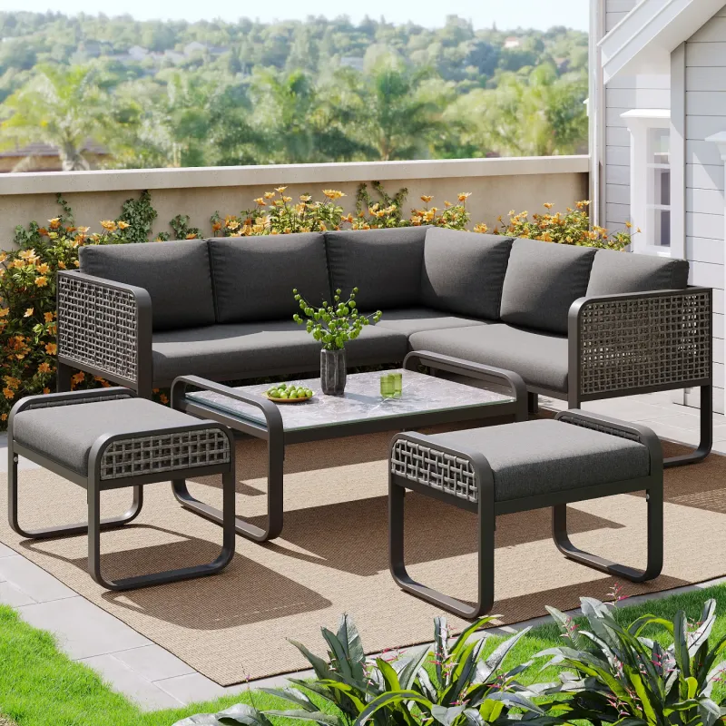 6-7 Seater Grey Rattan Garden Lounge Set with Corner Sofa, Table and Bench