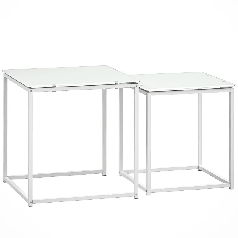 Set of 2 White Nest of Tables with Tempered Glass Top and Steel Frame