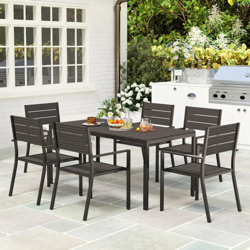  7-Piece Garden Dining Set with 6 Stackable Chairs and 160cm Slatted Table - Brown