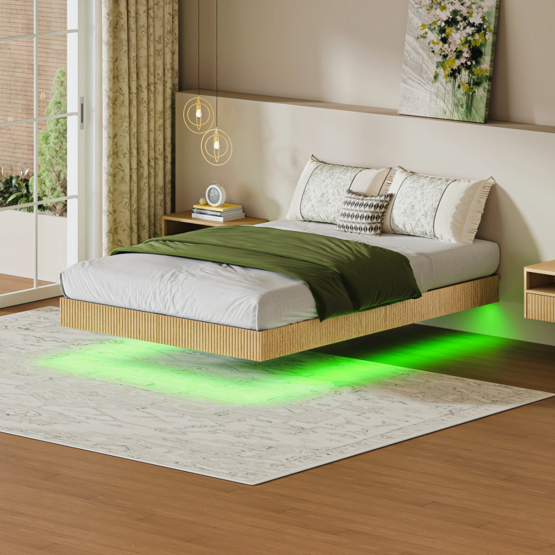 Modern Bed with Floating & Recessed Design, Fitted with LED Ambient Lighting, Heavy-Duty Flat Steel Frame, 135×200cm, Natural 