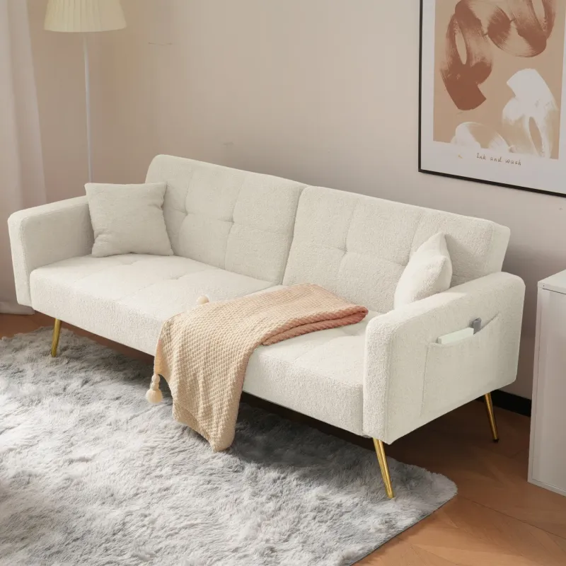 White Sherpa 2-Seater Sofa Bed with Gold Legs and Side Storage Pockets