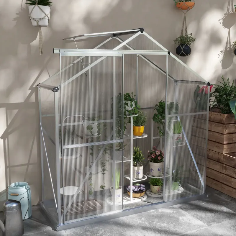  6 x 2.3ft Slim Polycarbonate Greenhouse with Sliding Door and Foundation - Silver