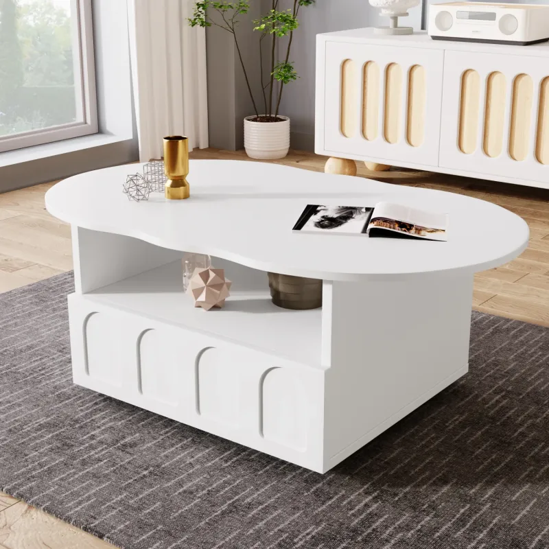 White Cloud-Shaped Coffee Table with Push-to-Open Drawer and Open Storage
