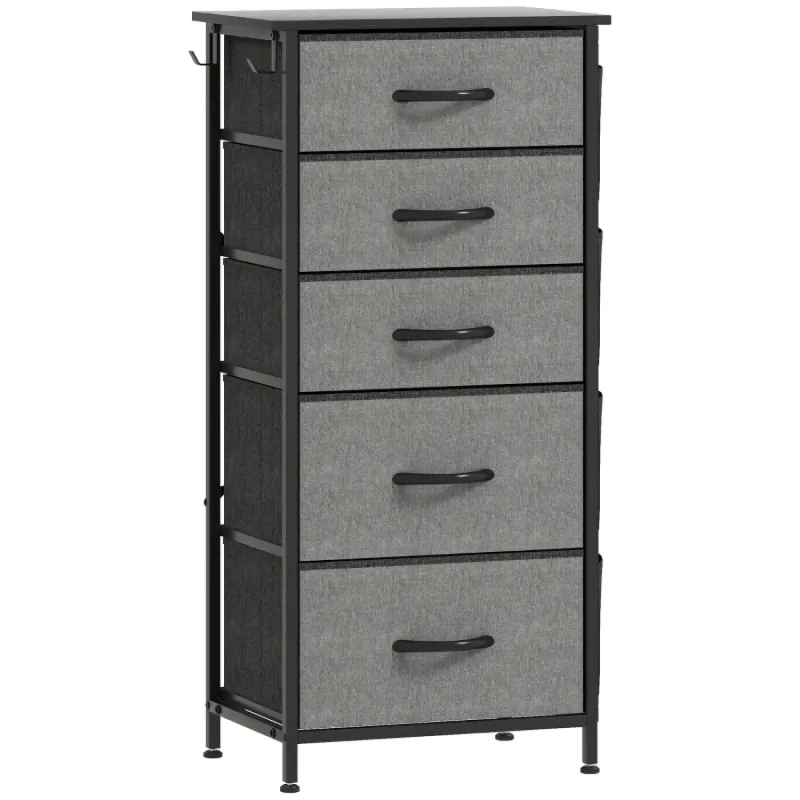 5-Drawer Fabric Storage Chest with Side Pockets and Steel Frame - Charcoal Grey