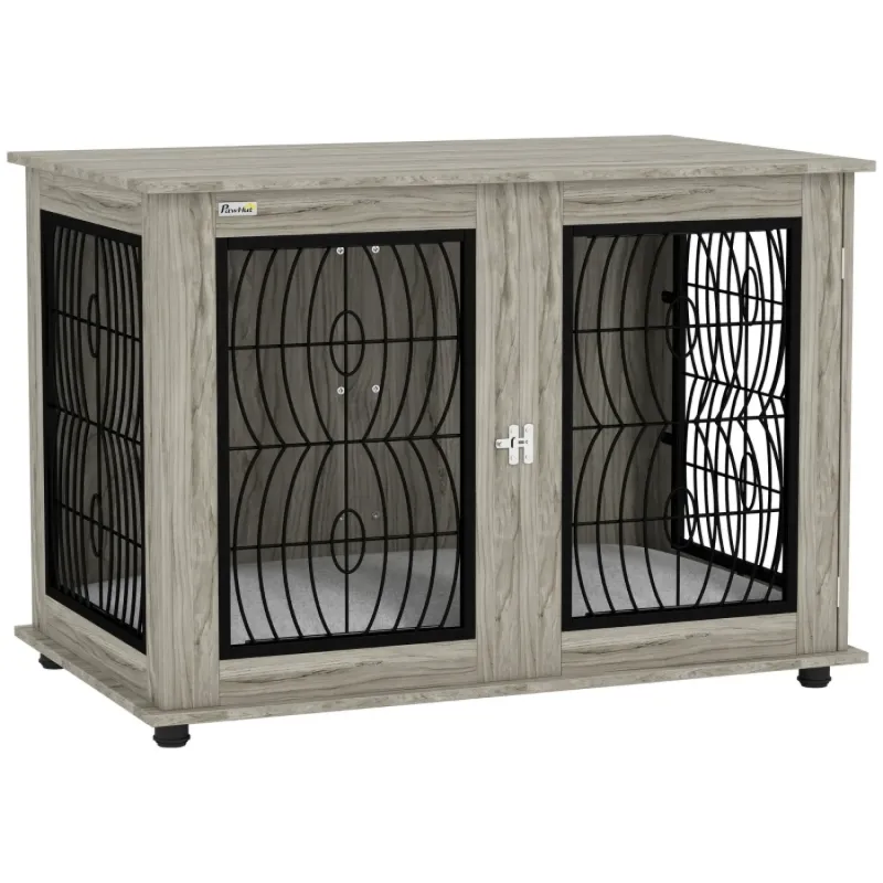 Extra Large Dog Crate Furniture End Table with Washable Cushion - Grey