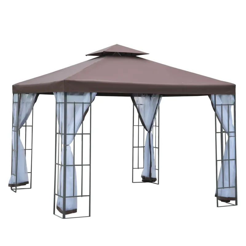  3m x 3m Garden Gazebo Pavilion with Double-Tier Canopy and Mosquito Netting - Coffee