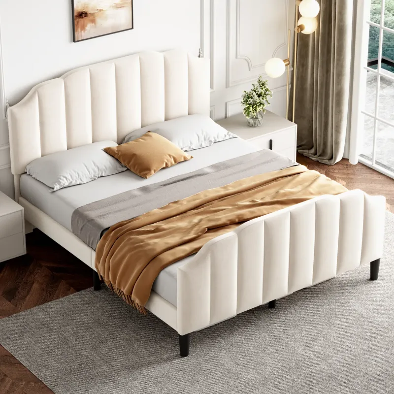 Double Velvet Upholstered Bed Frame with Adjustable Channel-Tufted Headboard - Beige