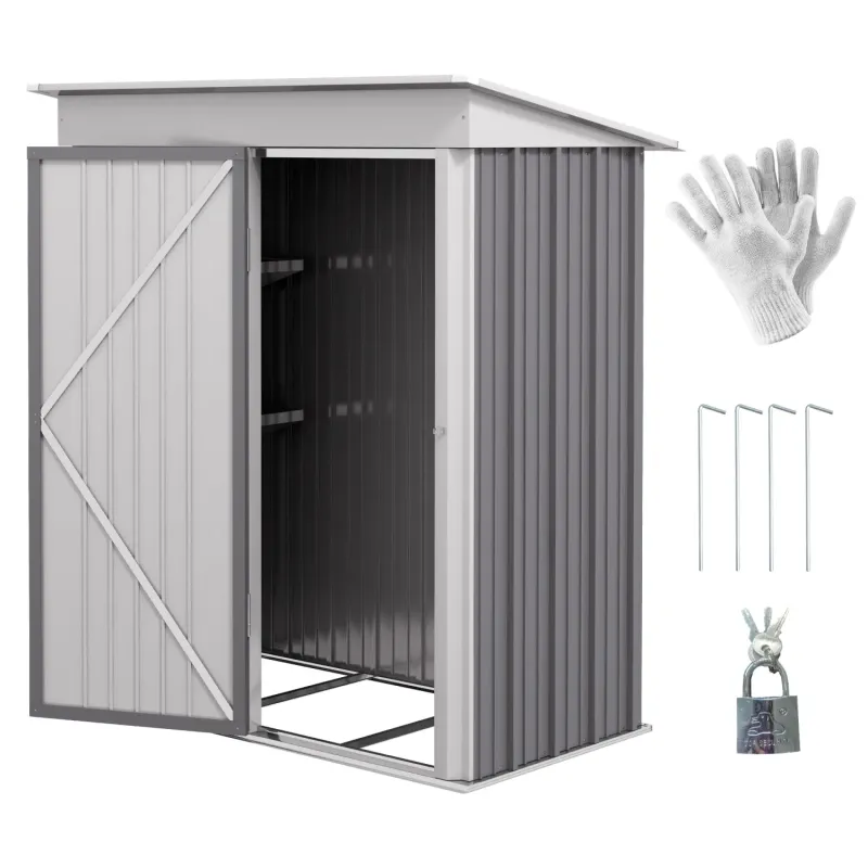  5ft x 3ft Metal Lean-To Garden Shed with Lockable Door and Adjustable Shelves - Grey