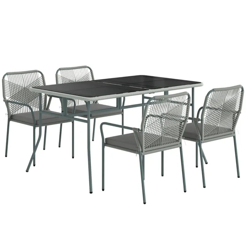 5-Piece Light Grey Rattan Garden Dining Set with Stackable Chairs and Glass Top Table